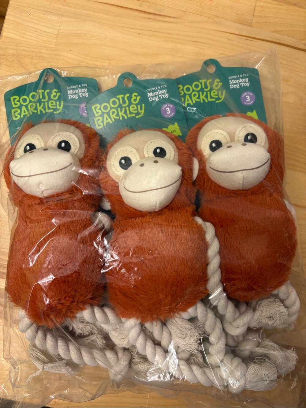 Boots & Barkley Orange Monkey Rope Dog Toy - Plush Tug Toy pack of 3